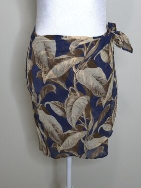 Vintage Anne Klein Silk Chiffon Wrap Skirt Size Small Blue Brown Floral Leaf